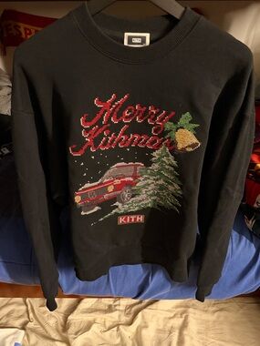 Kith Black Holiday Crewneck with Red Car and Green Tree Graphic